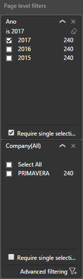 Exemplo de filtros para a página de Vendas e Resultados