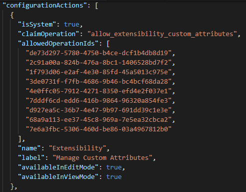 Estrutura de dados da configuration action