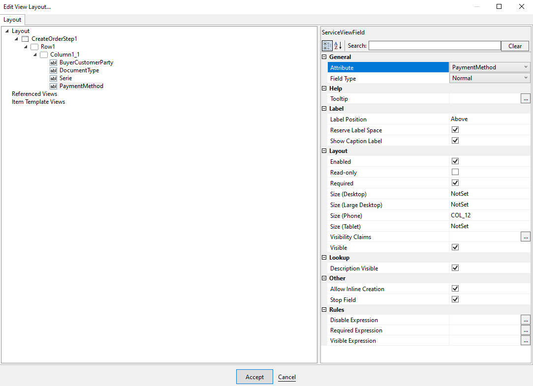 Service Views Edit Layout